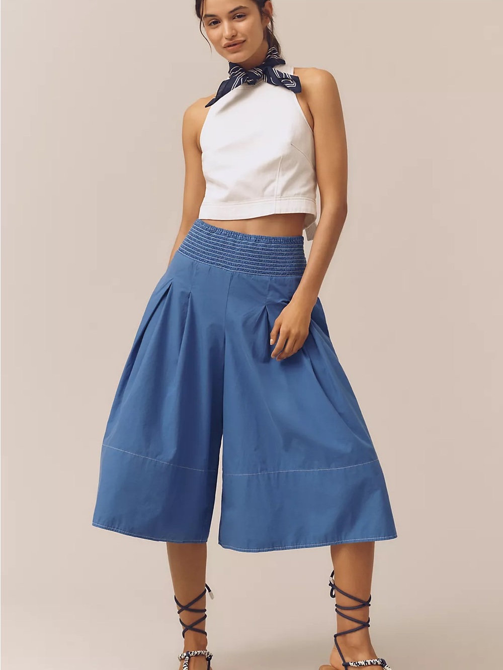 Anthropologie Pilcro Pleated Skirty Culotte Pants royal blue  smocked waist